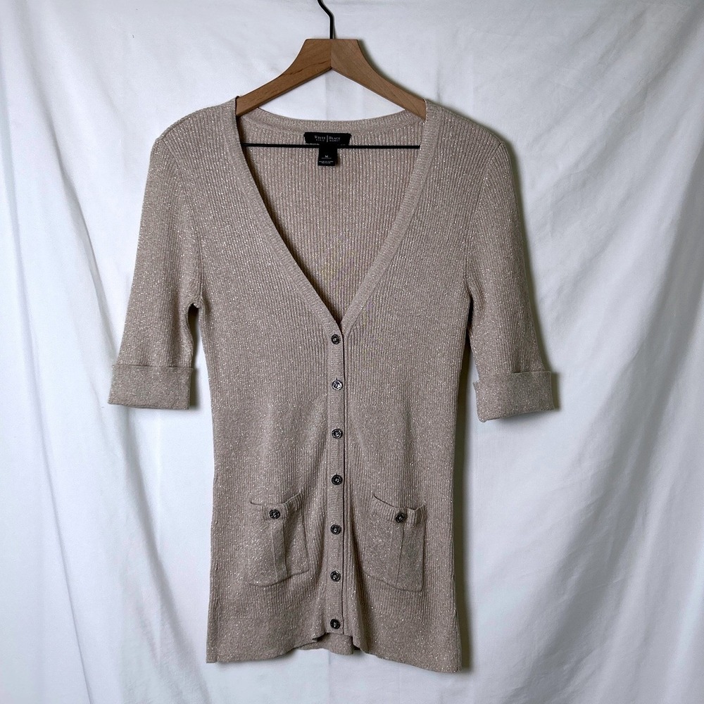 White House Black Market Women Silk Blend Ribbed Metallic Cardigan Gold Size M